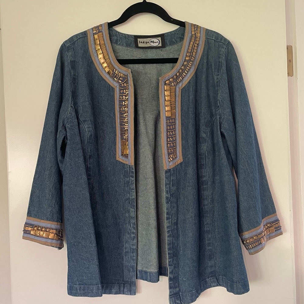 Coolest INDIGO MOON 🌙 beaded collar soft denim jacket 🌚 🌝